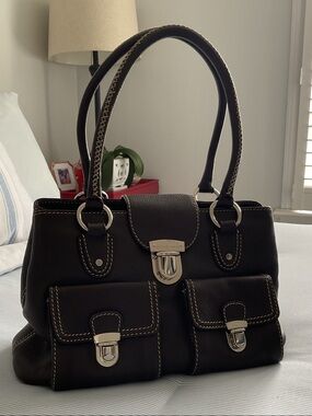 Jasper Conran Chocolate Brown Leather Shoulder Bag with Front Pockets